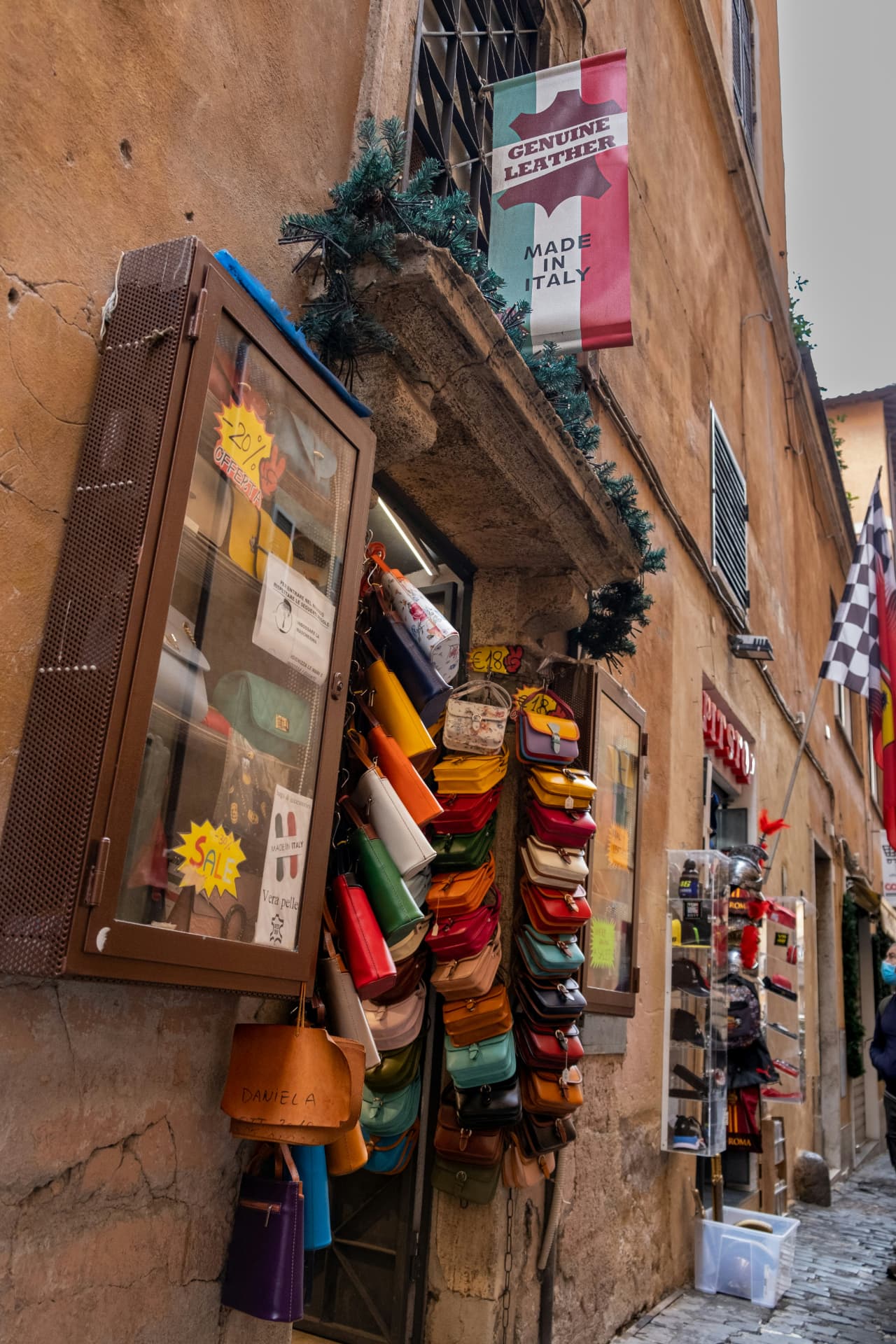 Colorful handcrafted leather bags in a local shop