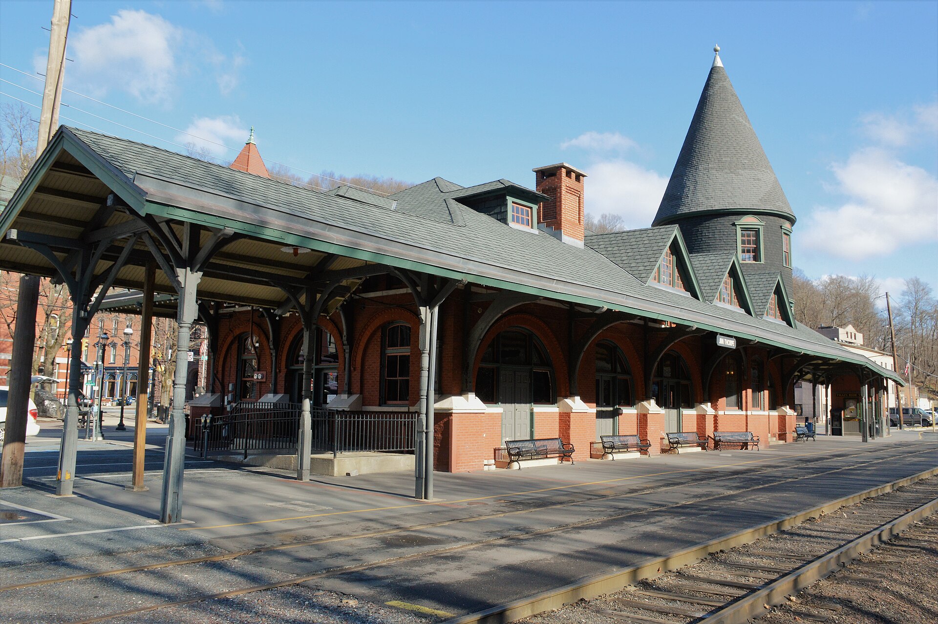 Jim Thorpe's historic Victorian train station with its turret and platform