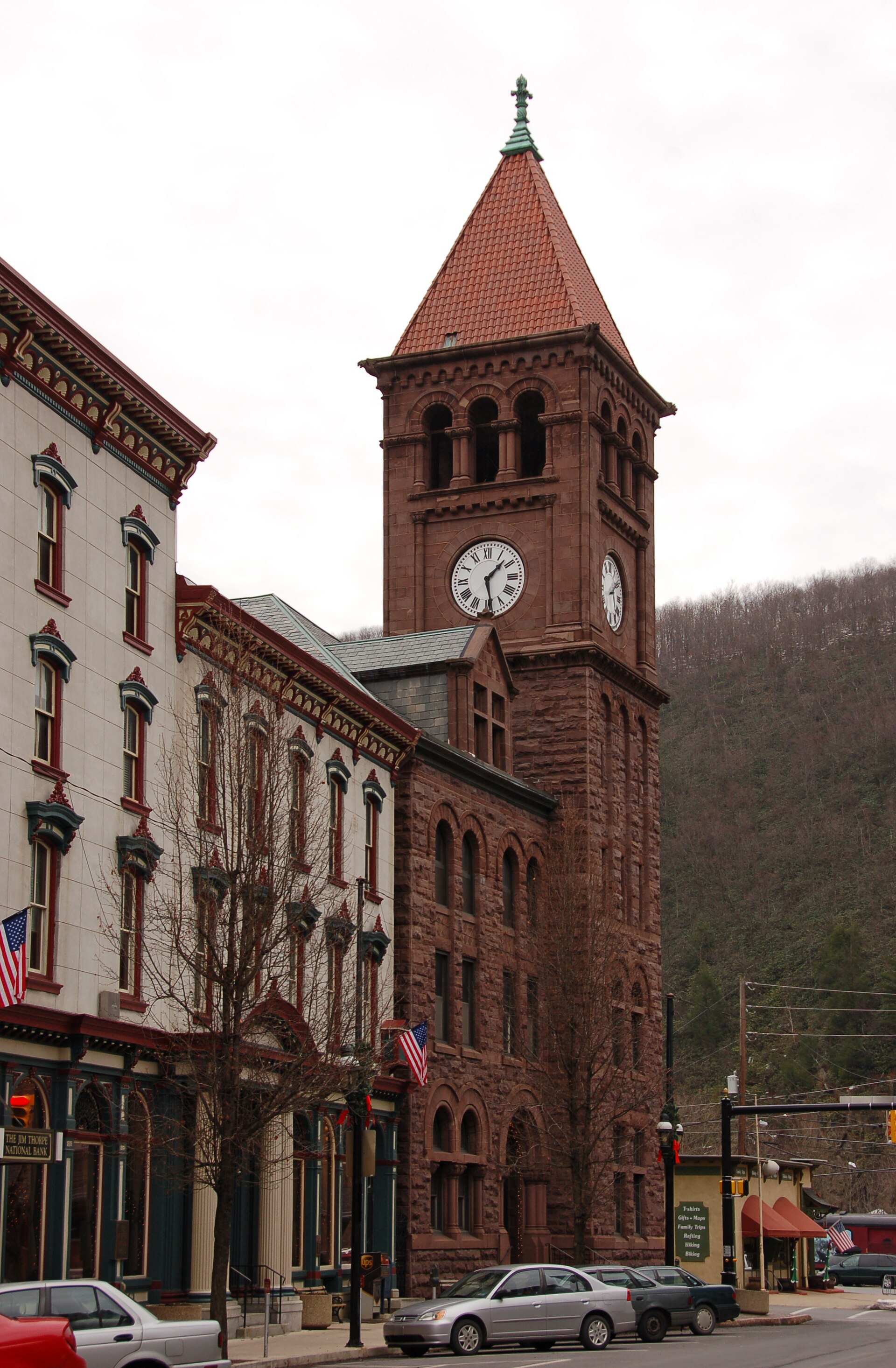 Jim Thorpe's red-brick clock tower rising over historic storefronts