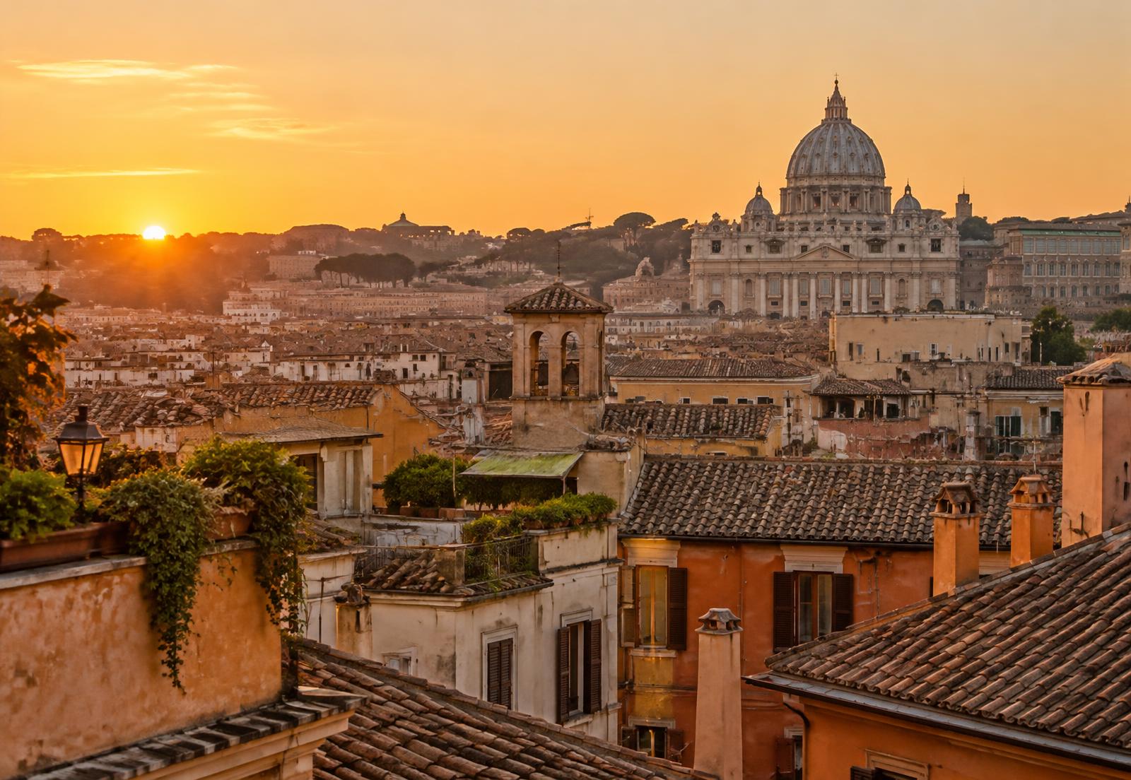 Rome rooftops at golden hour with St. Peter's dome