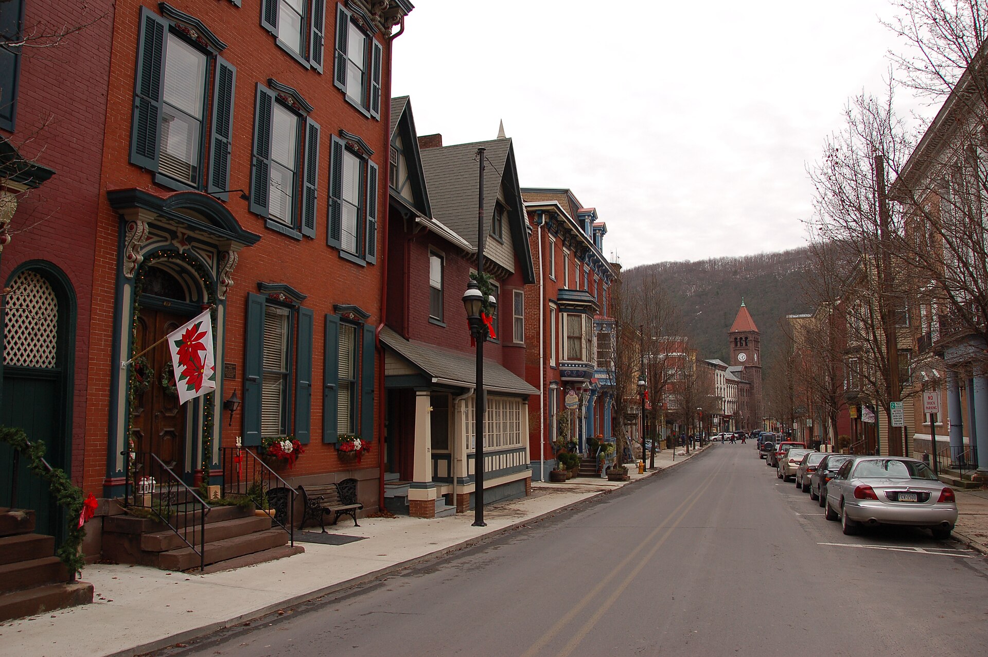 Historic brick storefronts along Broadway in Jim Thorpe