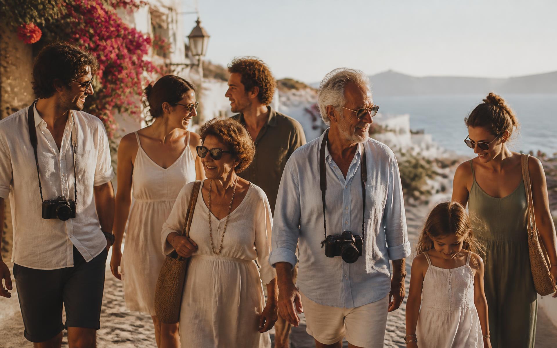 A multigenerational family walking together through a sunlit coastal village