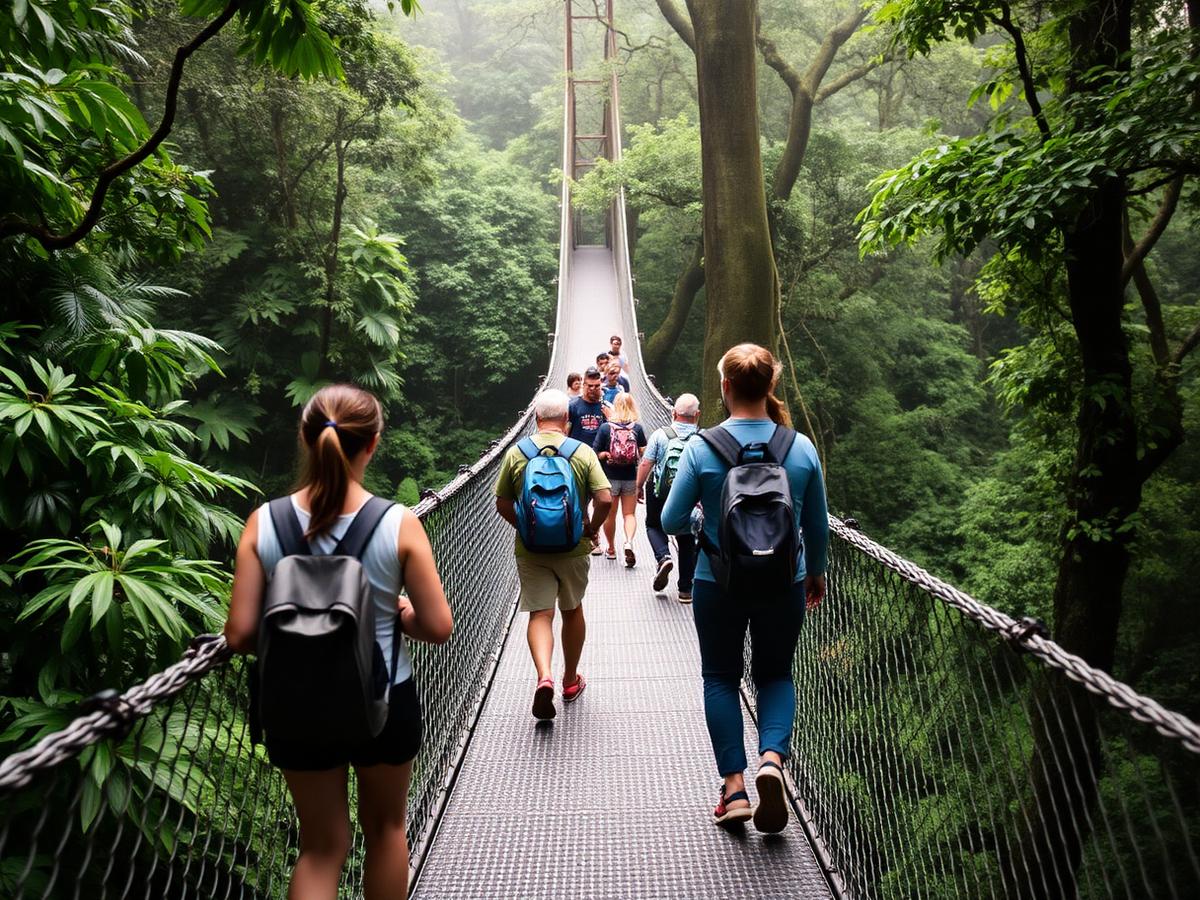 Travelers crossing a suspension bridge through a lush cloud forest
