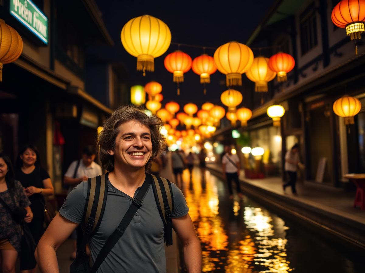 A traveler smiling in a lantern-lit old town street at night