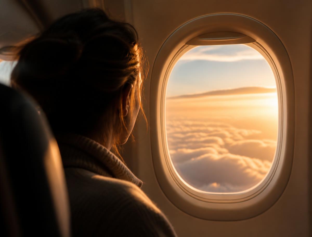 A traveler gazing out an airplane window at golden clouds