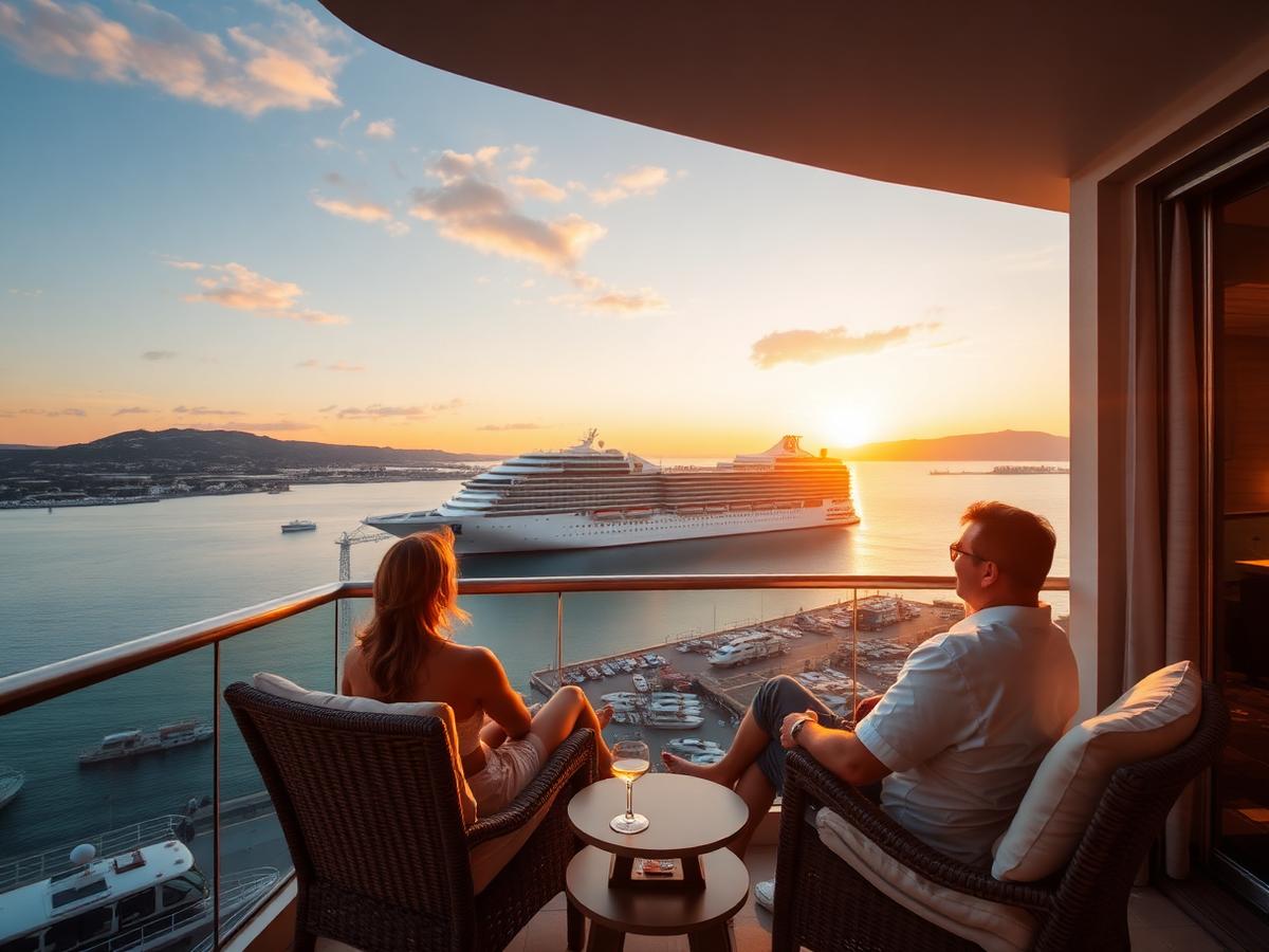 Couple relaxing on a hotel balcony overlooking a harbor with a cruise ship at sunset