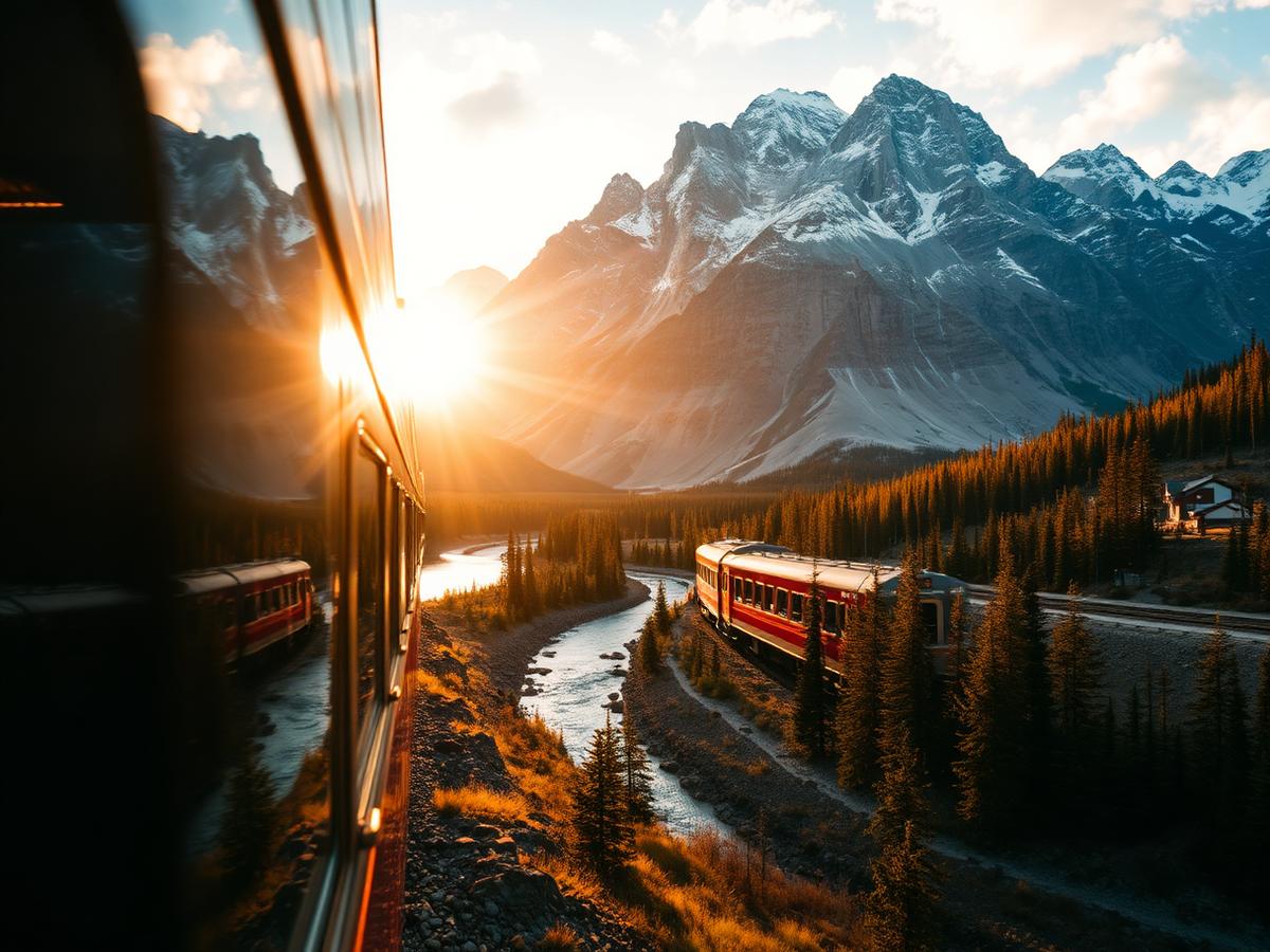 Scenic dome train winding through the Canadian Rockies at golden hour