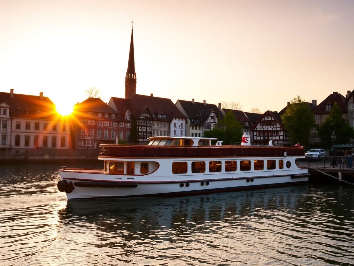Small river cruise ship docked in the center of a European town at golden hour